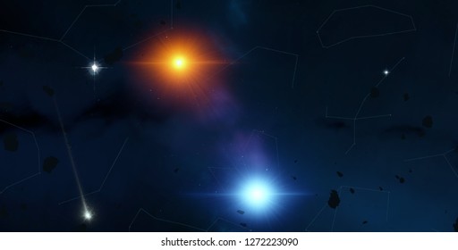 2d illustration. Realistic star pattern background. Deep interstellar space. Bright stars, planets and moons. Various science fiction creative backdrops. Space art. Imaginary cosmic backdrop.