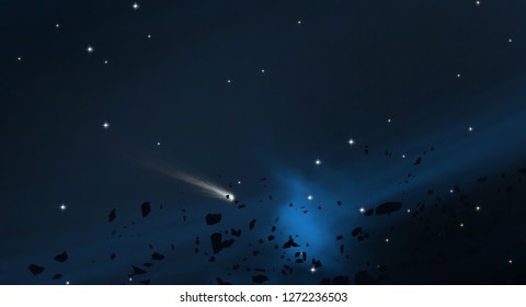 2d illustration. Realistic star pattern background. Deep interstellar space. Bright stars, planets and moons. Various science fiction creative backdrops. Space art. Imaginary cosmic backdrop.