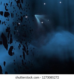 2d illustration. Realistic star pattern background. Deep interstellar space. Bright stars flash, planets and moons. Various science fiction creative backdrops. Space art. Imaginary cosmic backdrop.