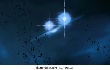 2d illustration. Realistic star pattern background. Deep interstellar space. Bright stars flash, planets, moons. Various science fiction creative backdrops. Space art. Imaginary cosmic backdrop.