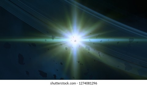 2d illustration. Realistic star pattern background. Deep interstellar space. Bright stars flash, planets, moons. Various science fiction creative backdrops. Space art. Imaginary cosmic backdrop.