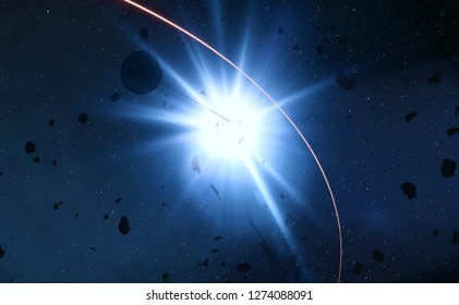 2d illustration. Realistic star pattern background. Deep interstellar space. Bright stars flash, planets, moons. Various science fiction creative backdrops. Space art. Imaginary cosmic backdrop.