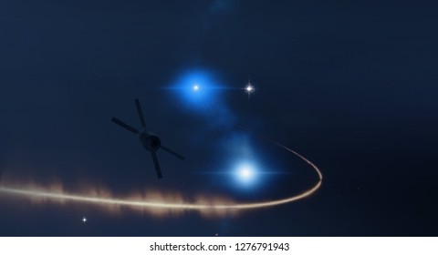 2d illustration. Realistic star pattern background. Deep interstellar space. Bright stars flash, planets, moons. Various science fiction creative backdrops. Space art. Imaginary cosmic backdrop.