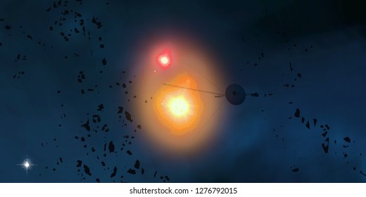 2d illustration. Realistic star pattern background. Deep interstellar space. Bright stars flash, planets, moons. Various science fiction creative backdrops. Space art. Imaginary cosmic backdrop.