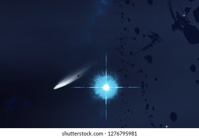 2d illustration. Realistic star pattern background. Empty interstellar space. Bright stars flash, planets, moons. Various science fiction creative backdrops. Space art. Imaginary cosmic backdrop.
