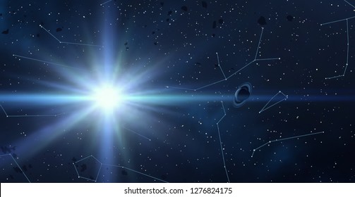 2d illustration. Realistic star pattern background. Empty interstellar space. Bright stars flash, planets, moons. Various science fiction creative backdrops. Space art. Imaginary cosmic backdrop.