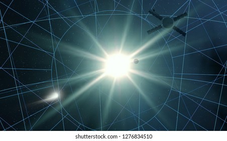 2d illustration. Realistic star pattern background. Empty interstellar space. Bright stars flash, planets, moons. Various science fiction creative backdrops. Space art. Imaginary cosmic backdrop.