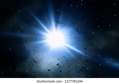 2d illustration. Realistic star pattern background. Empty interstellar space. Bright stars flash, planets, moons. Various science fiction creative backdrops. Space art. Imaginary cosmic backdrop.