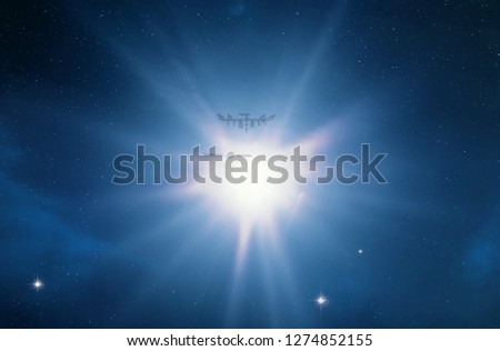 2d illustration. Realistic star pattern background. Deep interstellar space. Bright stars flash, planets, moons. Various science fiction creative backdrops. Space art. Imaginary cosmic backdrop.