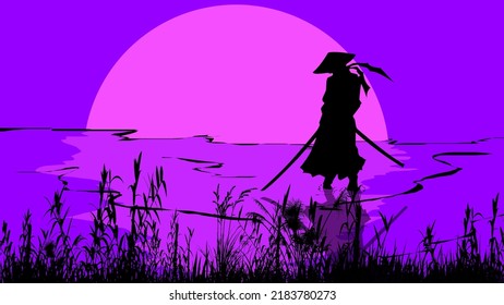 2D Landscape Drawing, Scenery Art Drawing, Sunset Nature, Moon Night Nature, 2D Wallpapers, Natural Abstract Art Drawing, Silhouette Background, Warrior Standing In The Water At Cool Silent Night