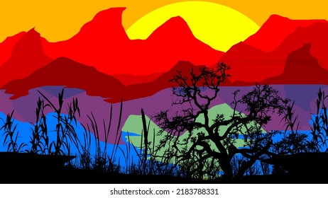 2D Landscape Drawing, Scenery Art Drawing, Sunset Nature, Moon Night Nature, 2D Wallpapers, Natural Abstract Art Drawing, Silhouette Background, Mountains Scenery Through The Grassland At The Sunset 