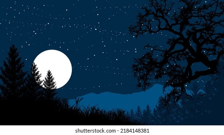 2D Landscape Drawing, Scenery Art Drawing, Sunset Nature, Moon Night Nature, 2D Wallpapers, Natural Abstract Art Drawing, Silhouette Background, Cool Night With Full Moon Blue Sky 