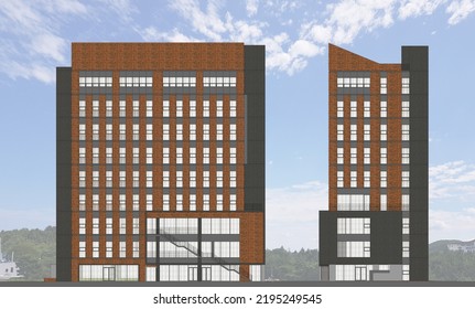 2D Rendering Of A Modern Brick Office Building. Architectural Illustration Of Elevations About A Modern Office Building