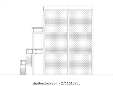 2D technical architectural drawing of the back facade elevation of a multi-story shophouse or mixed-use building. Related to architectural elevation drafting, exterior wall material representation
