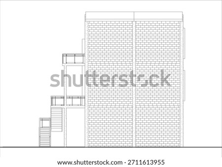 2D technical architectural drawing of the back facade elevation of a multi-story shophouse or mixed-use building. Related to architectural elevation drafting, exterior wall material representation