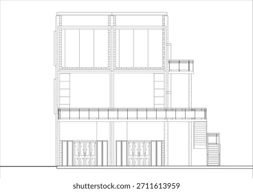 2D technical architectural drawing of the front facade elevation of a multi-story shophouse or mixed-use building. Related to architectural elevation drafting, exterior wall material representation