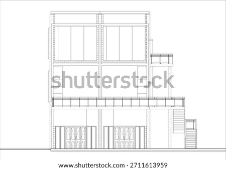 2D technical architectural drawing of the front facade elevation of a multi-story shophouse or mixed-use building. Related to architectural elevation drafting, exterior wall material representation