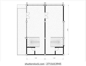 2D technical architectural drawing of the second floor plan for a commercial or mixed-use building with dimensions. Concepts related to technical architectural drawing standards, commercial unit space