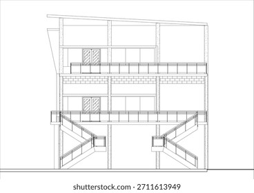 2D technical architectural drawing of the side facade elevation of a multi-story shophouse or mixed-use building. Related to architectural elevation drafting, exterior wall material representation
