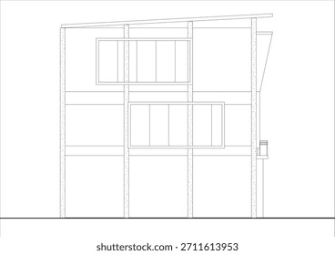 2D technical architectural drawing of the side facade elevation of a multi-story shophouse or mixed-use building. Related to architectural elevation drafting, exterior wall material representation