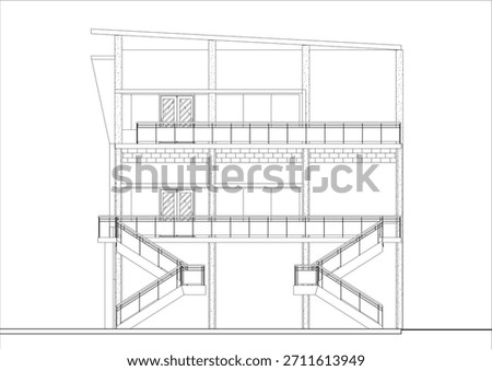 2D technical architectural drawing of the side facade elevation of a multi-story shophouse or mixed-use building. Related to architectural elevation drafting, exterior wall material representation