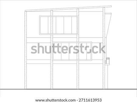 2D technical architectural drawing of the side facade elevation of a multi-story shophouse or mixed-use building. Related to architectural elevation drafting, exterior wall material representation