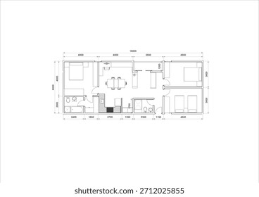 2D technical, top-down floor plan for a three-bedroom unit, complete with precise metric dimensions for all rooms and overall length-width. related to precise architectural blueprint dimensioning
