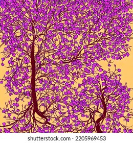 2d Tree Illustration Hand Drawing Effect, Purple Leaves Soft Yellow Background