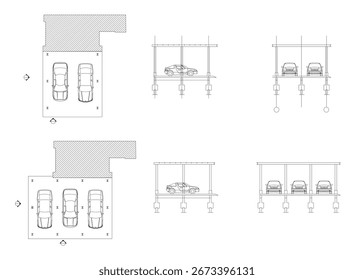 2D Vector Drawing of Car Parking Layout with Columns and Foundation Plan
