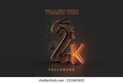 2k follower celebration banner on dark background with neon glow lighting 3d render concept