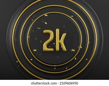 2k followers celebration. Social media achievement poster. 2K golden sign and glossy balloons for network, social media friends and subscribers. 3d render illustration.
