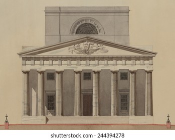 2nd Bank Of The United States Was Chartered To Resolve Financial Difficulties Following The War Of 1812. Detail Of The Original Design Of North And South Fronts By Benjamin H. Latrobe.