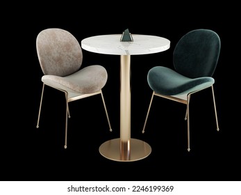  2-seat luxury modern steel cafe table green and beige on black background. Furniture. 3d render. 3d illustration