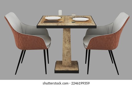 2-seat restaurant dining table with pink chairs on black background. Furniture. 3d render. 3d illustration