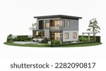 2-storey house, large garden area, parking space, seating in front of the house