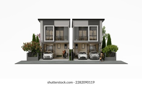 2-storey townhome Designed to be simple, livable, looks good, there is parking, there are people entering.