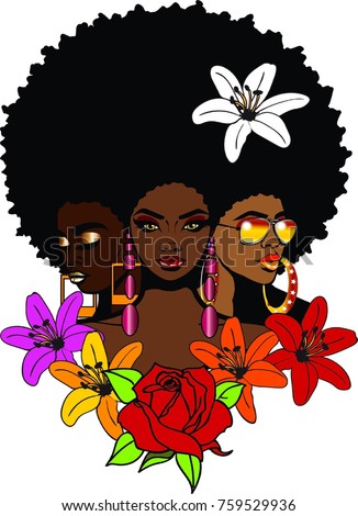 3 Beautiful Black Sisters Afro Hairstyle Stock 