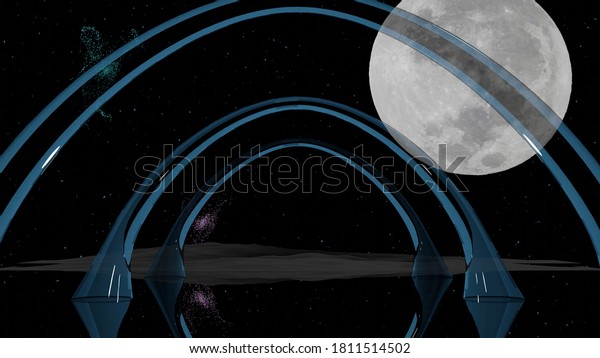 3 Blue glass arches on lake ice surface with\
starry night sky, galaxy, nebula and The moon in background (3D\
Rendering)
