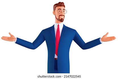 3 d cartoon character. Businessman smiling cheerfully with open arms as a friendly welcome, positive and confident greetings. Closeup 3d render illustration Isolated white background