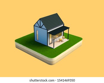 3 D House Isometric With Pastel Orange Background