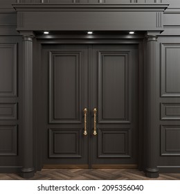 3 d illustration. Closed classic black doors with carvings. Interior Design. Background
