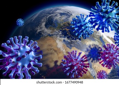 3 D Illustration: a horrible new virus infests planet earth - symbolic image of the new Corona virus Covid 19 and earth. Elements of this image furnished by NASA.