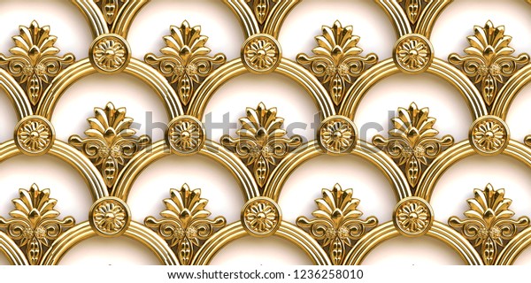 3 d illustration. Openwork decorative gold lattice with a shadow in the form of an ornament in oriental style isolated on a white background. Gold lattice. Festive background. Geometric ornament. Gold wallpaper for walls. 
