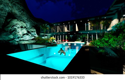 3 D Render Swim In The Pool At Night