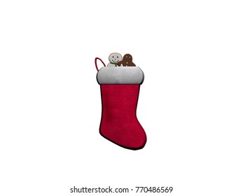 3 d rendering of a bright red Christmas stocking with presents over white background
