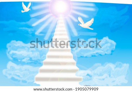 3 D - rendering. A light blurry staircase leading through the clouds to the light of the sun. Two white doves are flying in the clouds. 