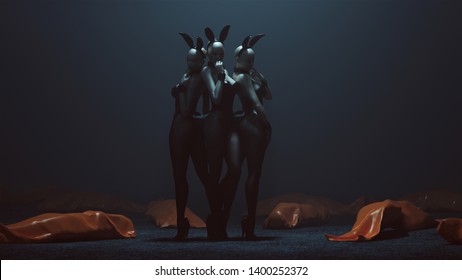 3 Demon Vampire Bunny Girls Stood Close Together in Black Latex and Fishnets an Tights with Lots of Orange Body Bags Lying Around Them 3d illustration 3d render 