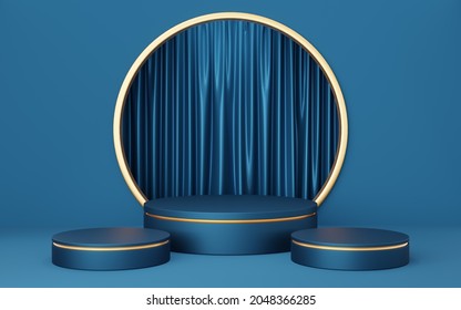 3 Empty blue and black cylinder podium with copper border on gold circle arch and curtain background. Abstract minimal studio geometric shape object. Pedestal mockup space for display. 3d rendering.