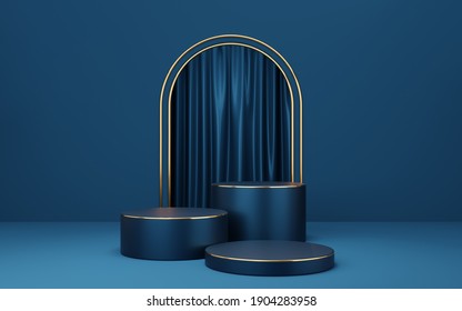 3 Empty blue cylinder podium with gold border on blue arch and curtain background. Abstract minimal studio 3d geometric shape object. Mockup space for display of product design. 3d rendering.
