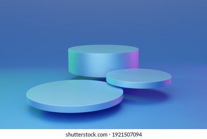 3 Empty Blue Cylinder Podium Floating With Red And Green Rim Light On Bright Background. Abstract Minimal Studio 3d Geometric Object. Mockup Space For Display Of Product Design. 3d Rendering.